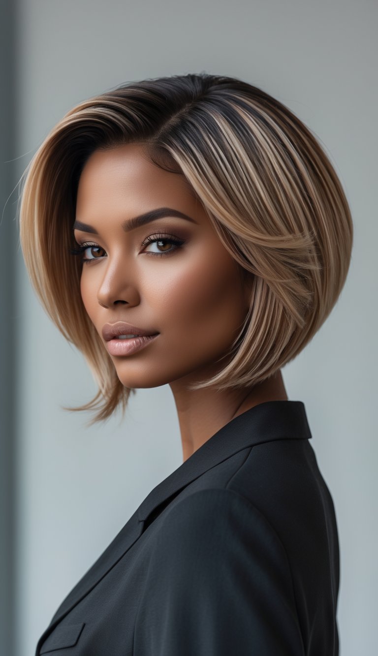 A woman with a layered bob haircut and an undercut, posing in a studio with a neutral background.