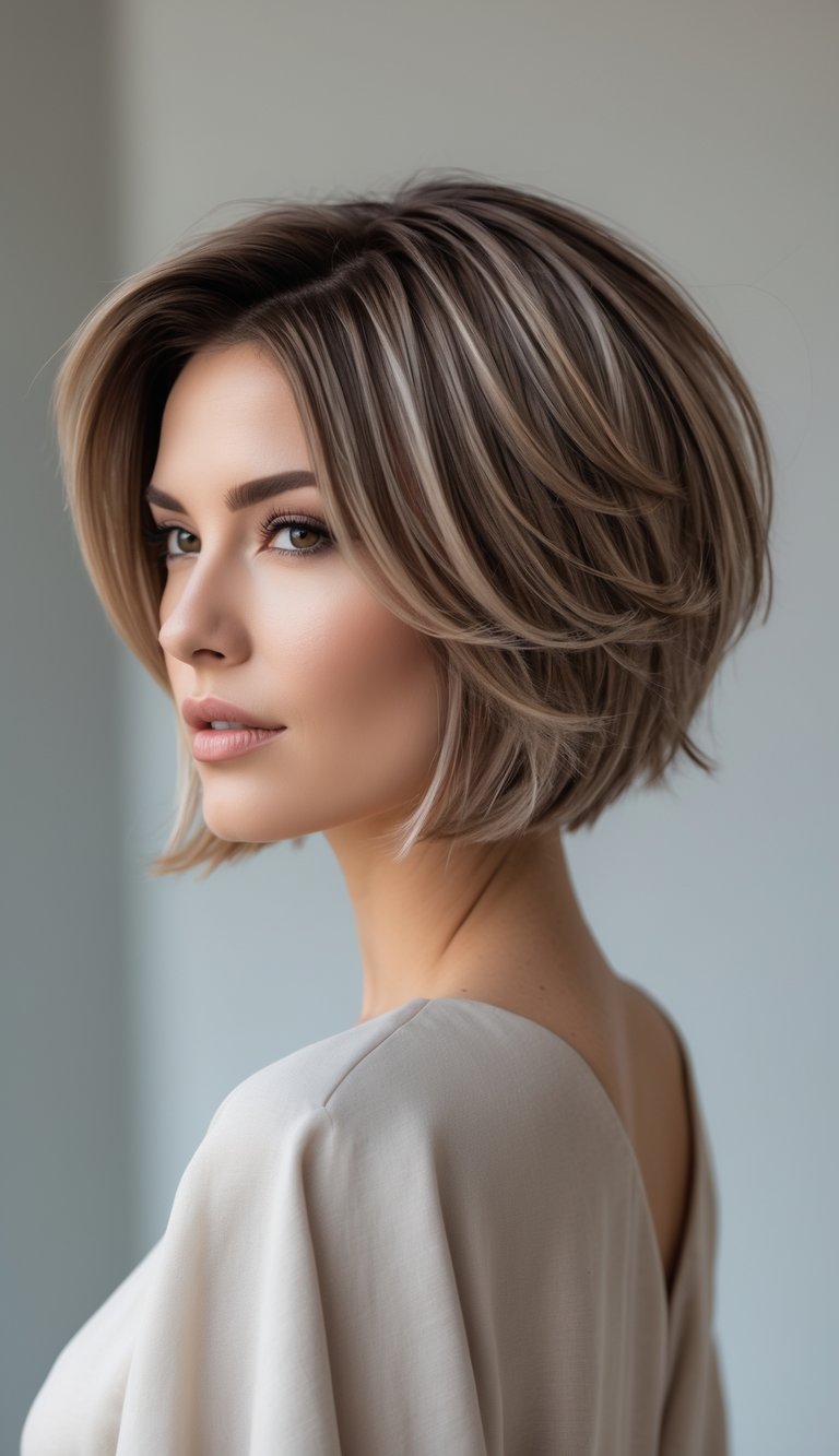 A woman with a layered bob haircut looking slightly to the side against a neutral background.