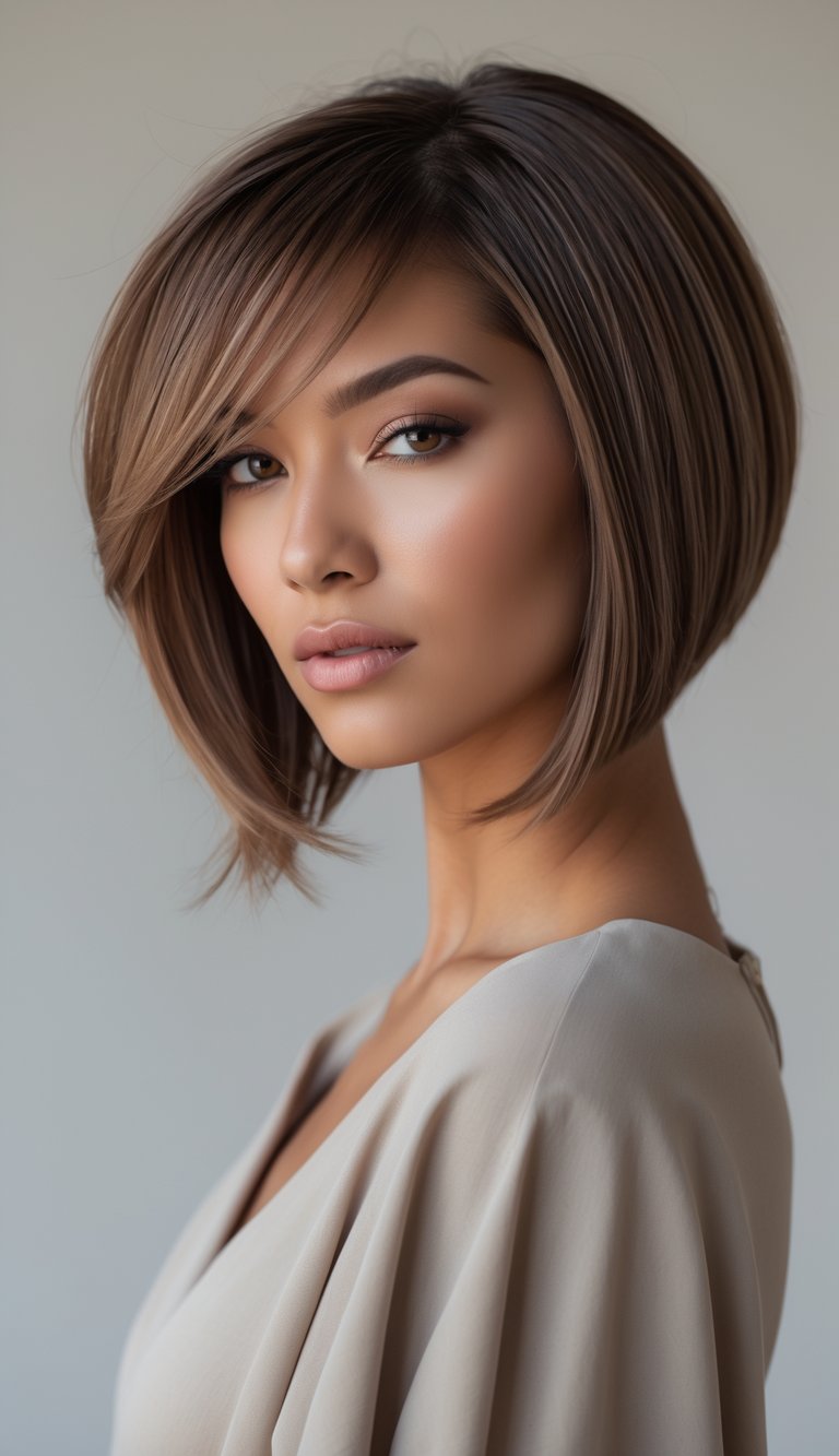 Portrait of a woman with a layered bob haircut, smiling softly against a plain background.