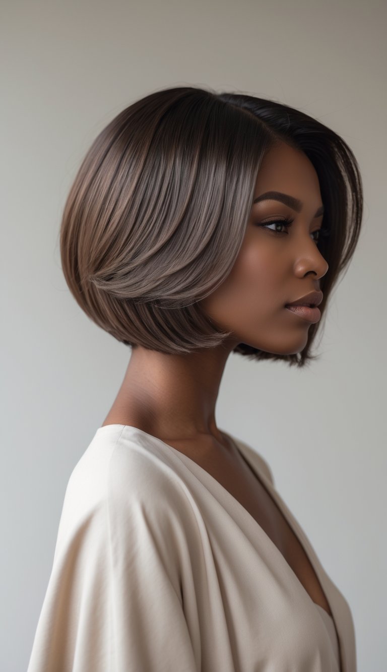 A woman with a sleek layered bob hairstyle posing against a plain background.
