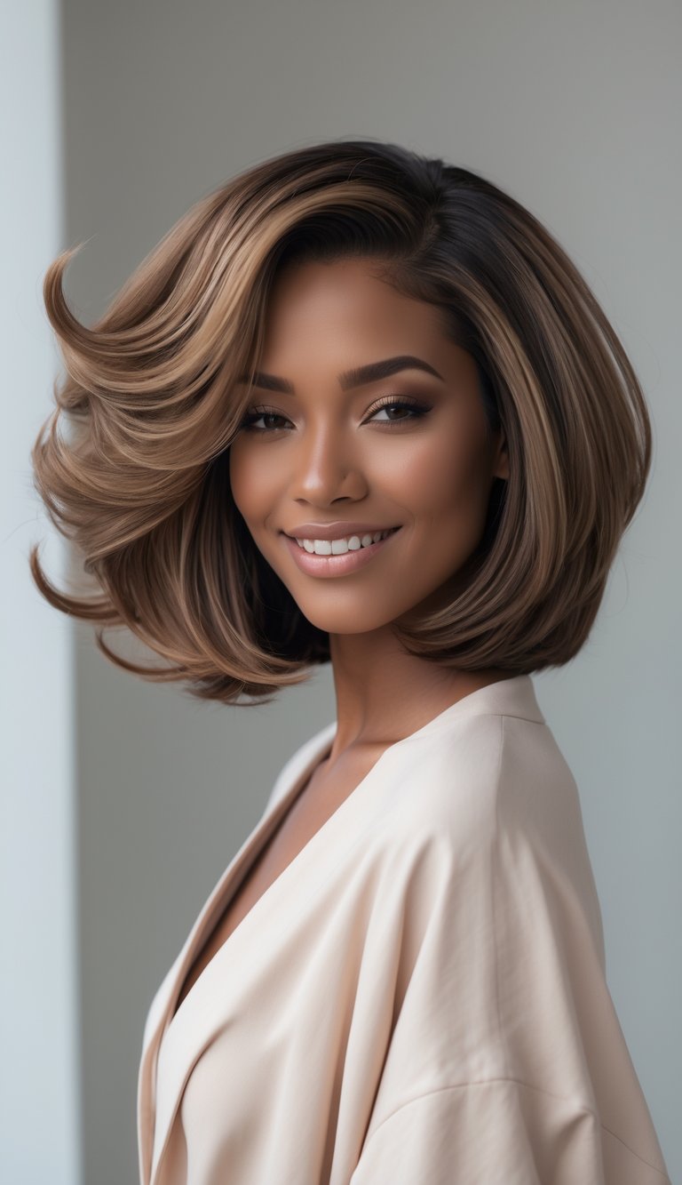 A woman with thick, layered bob haircut smiling against a plain background.