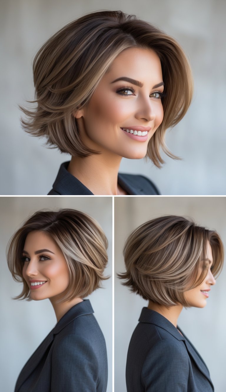 A woman with a short layered bob hairstyle smiling against a neutral background.