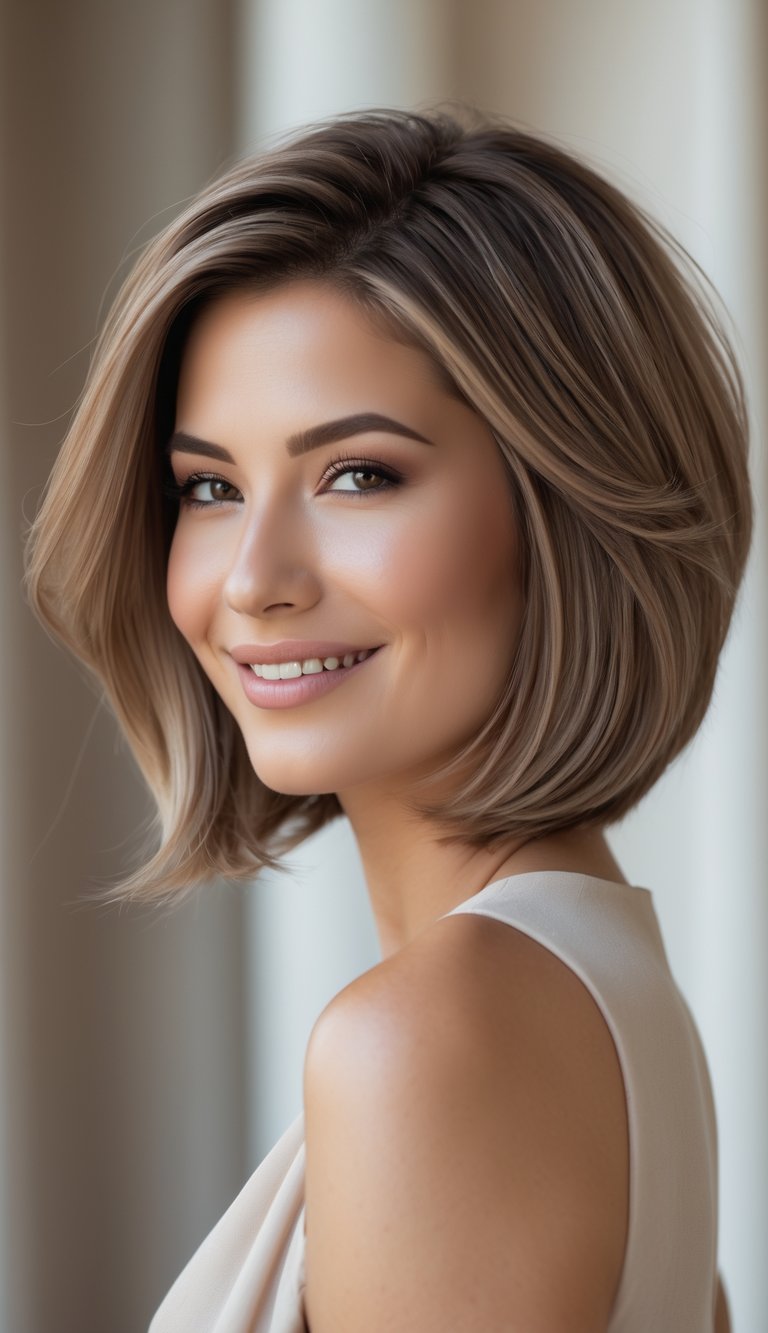 A woman with an oval face and a layered bob hairstyle, smiling softly against a neutral background.