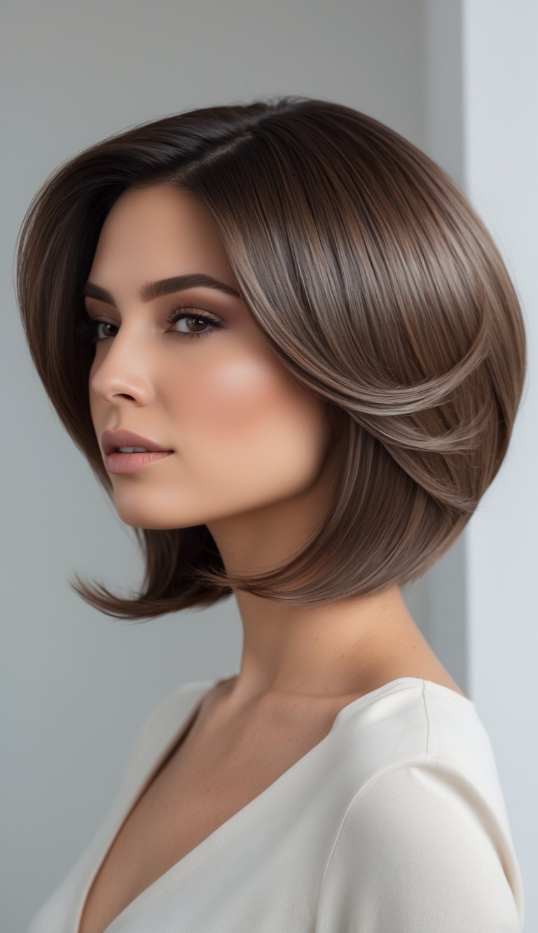 Portrait of a woman with a layered bob haircut and feathered ends, looking confidently at the camera against a neutral background.