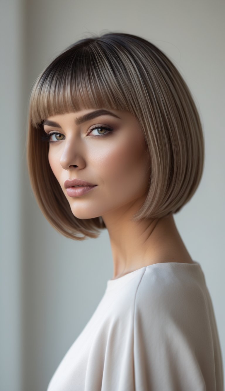 A woman with a blunt bob haircut with subtle layers, posing against a plain background.