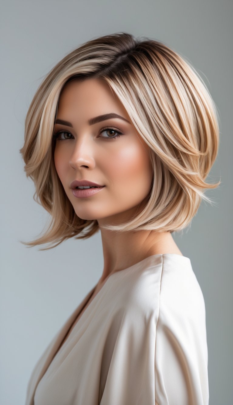 A woman with a layered bob hairstyle and balayage hair color posing against a plain background.