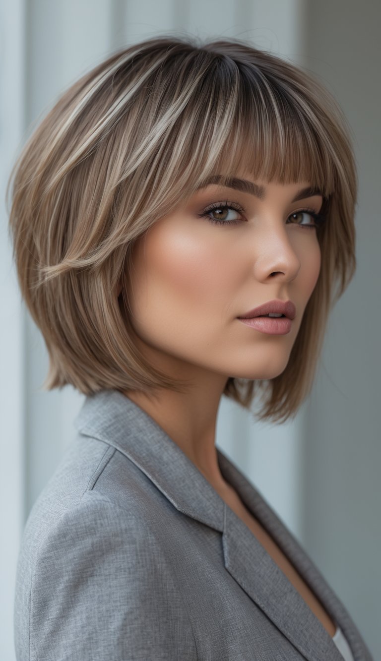 A woman with a layered bob haircut and asymmetrical bangs posing against a plain background.