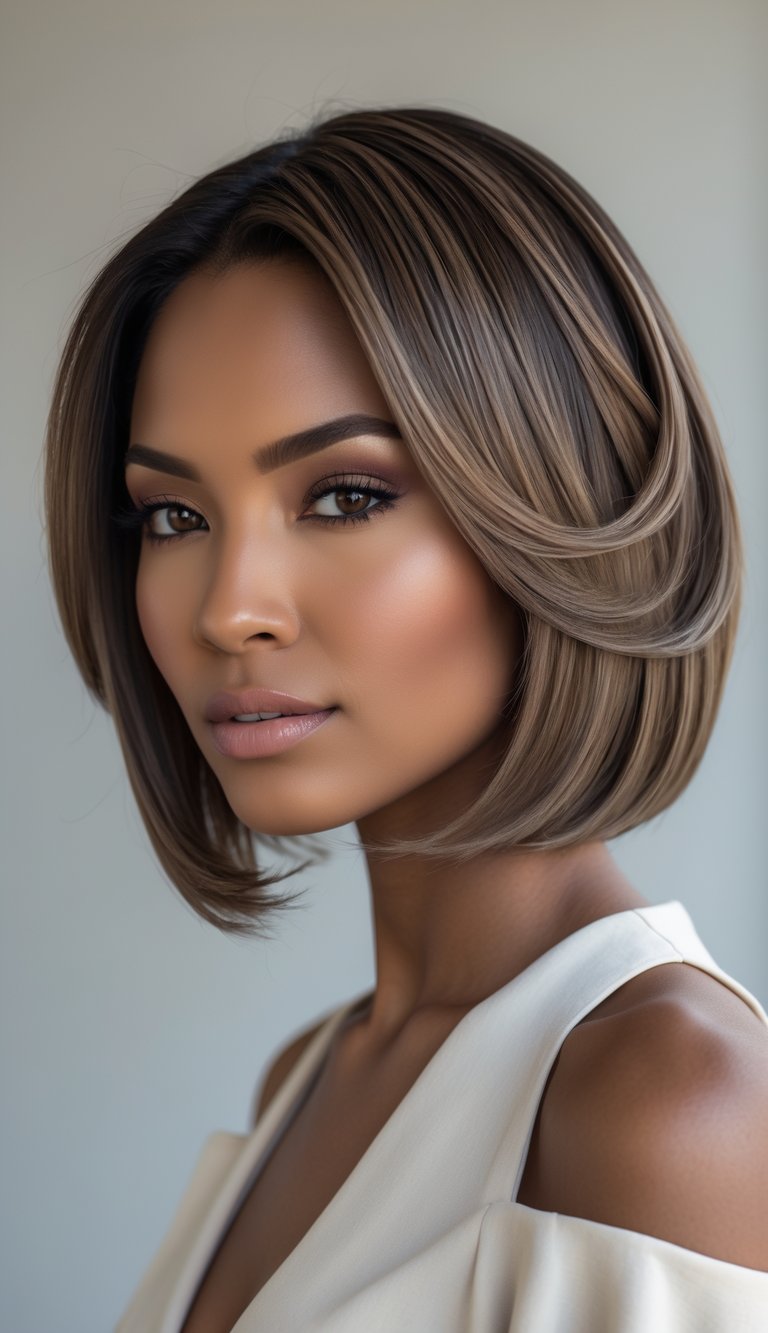 A woman with a layered bob haircut parted in the middle, looking confidently at the camera against a plain background.