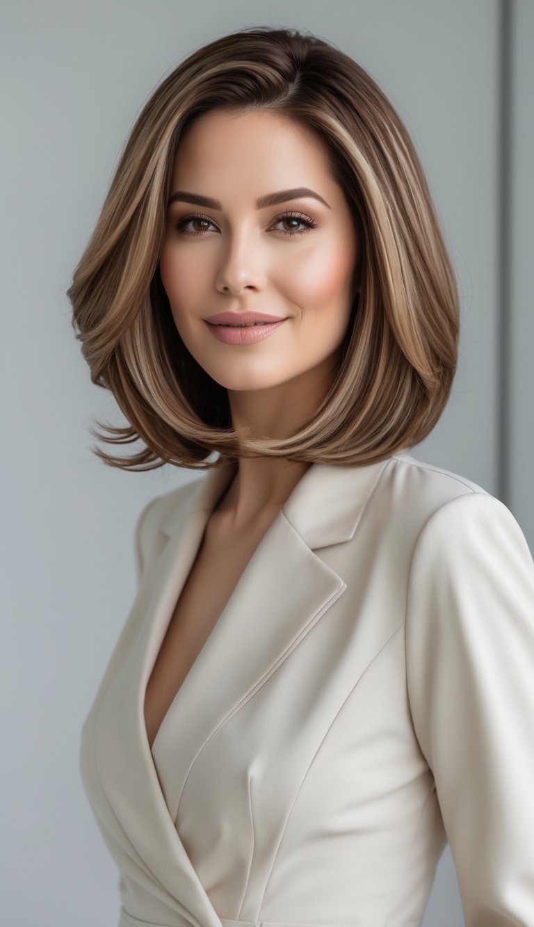A woman with medium brown layered bob hairstyle smiling in a studio setting with a neutral background.