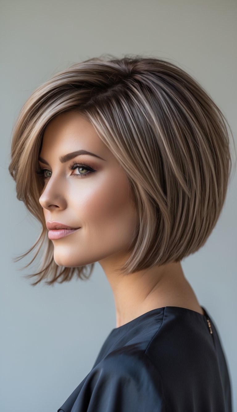 A woman with a layered bob haircut featuring textured roots, smiling against a plain background.