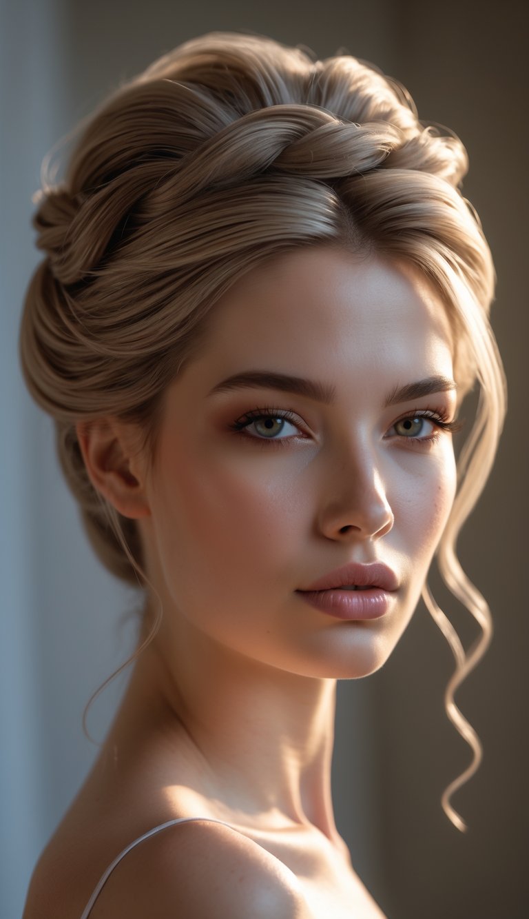 Portrait of a woman with her hair styled in an elegant updo, looking directly at the camera with a neutral expression.
