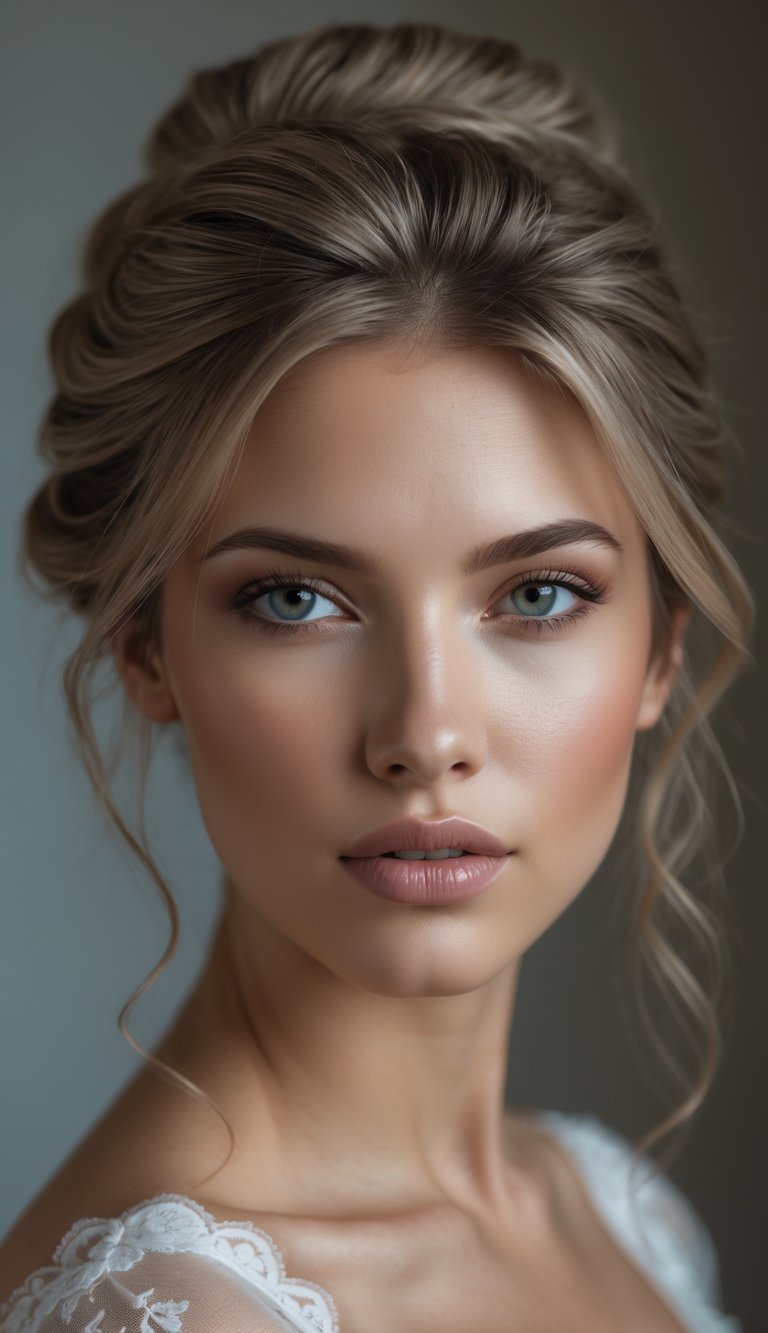 Portrait of a woman with a low messy bun and face-framing strands, looking directly at the camera.