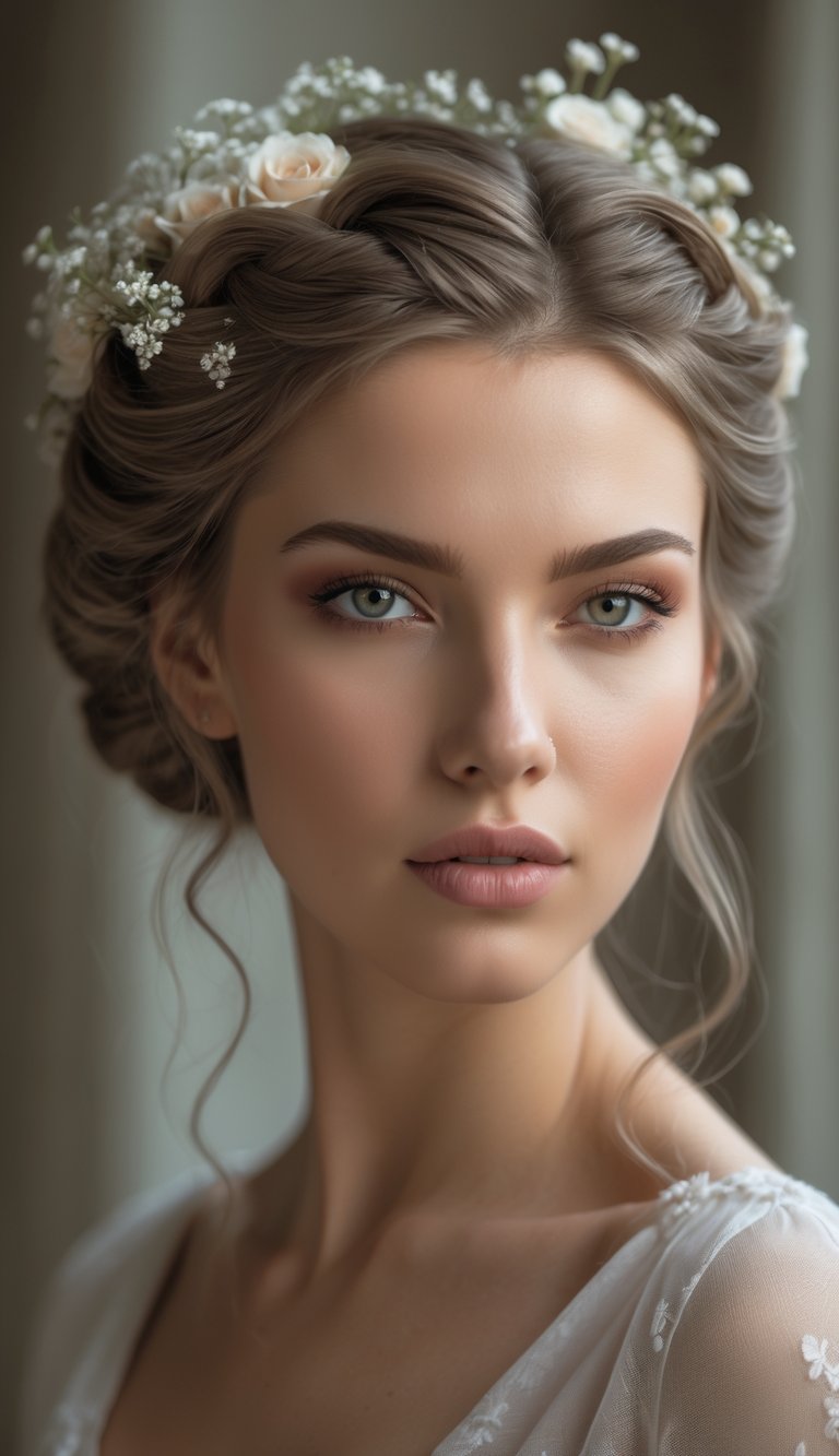 Portrait of a woman with a braided side bun decorated with flowers, looking directly at the camera.