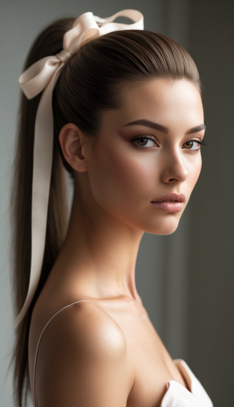 Portrait of a woman with a low ponytail tied with a ribbon, looking directly at the camera with a neutral background.