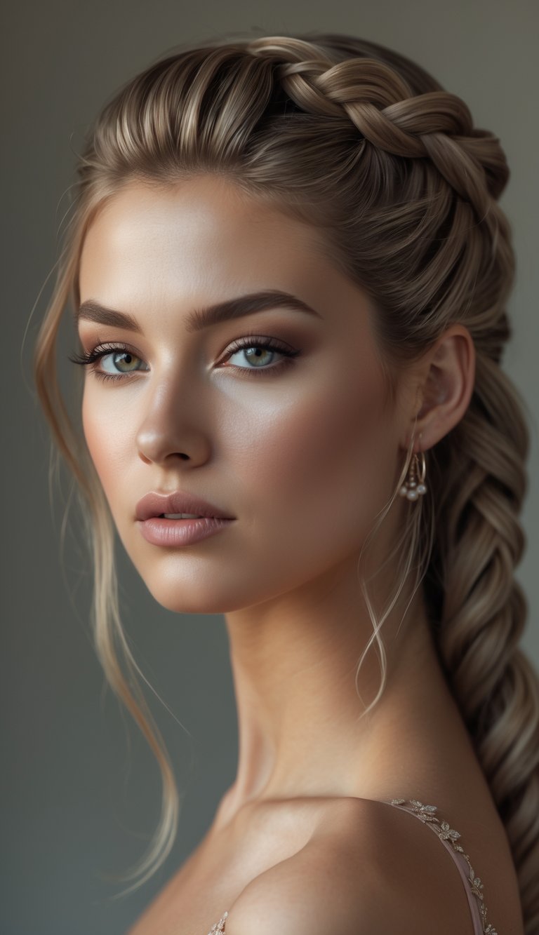 Portrait of a woman with a half-up fishtail braid hairstyle, looking directly at the camera.