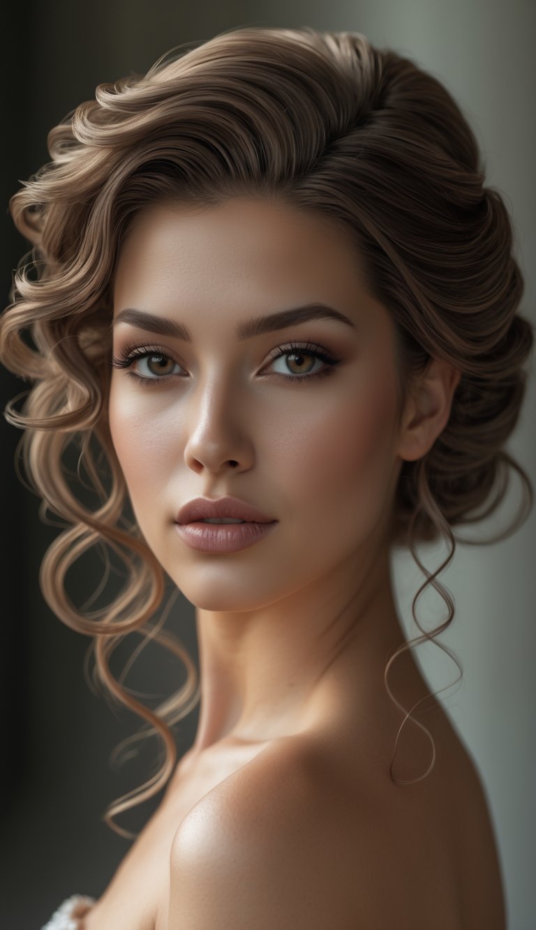 Portrait of a woman with voluminous curly hair parted to the side, looking directly at the camera with a neutral expression.