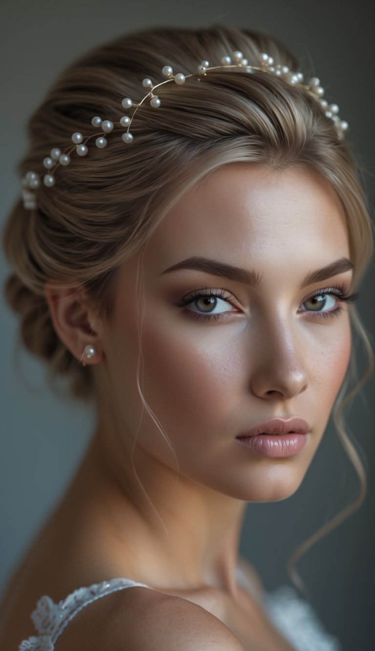 Portrait of a woman with a French twist hairstyle decorated with pearl pins, looking straight ahead with a calm expression.