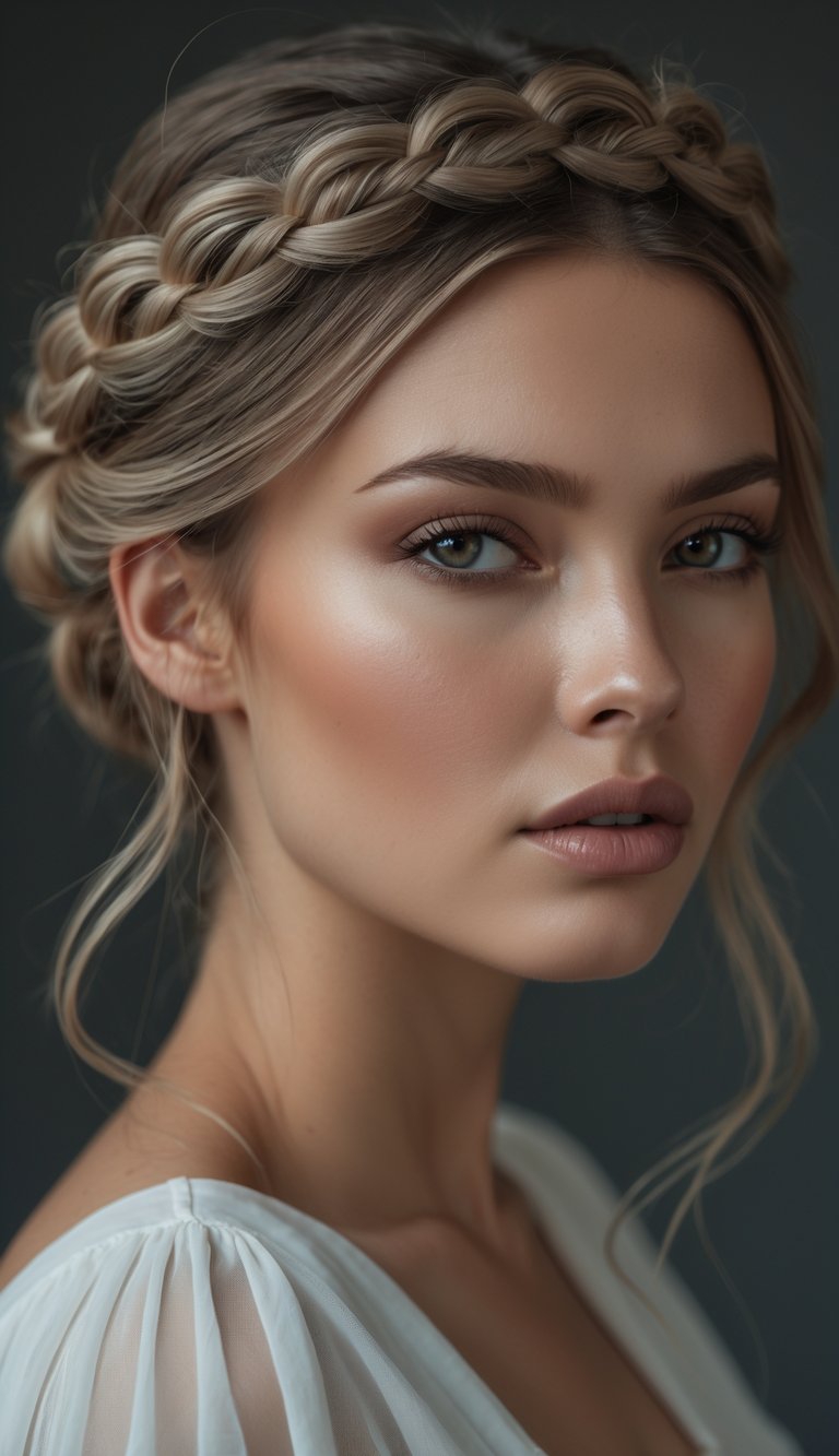 Portrait of a woman with braided crown and loose waves hairstyle, looking directly at the camera with a neutral expression.