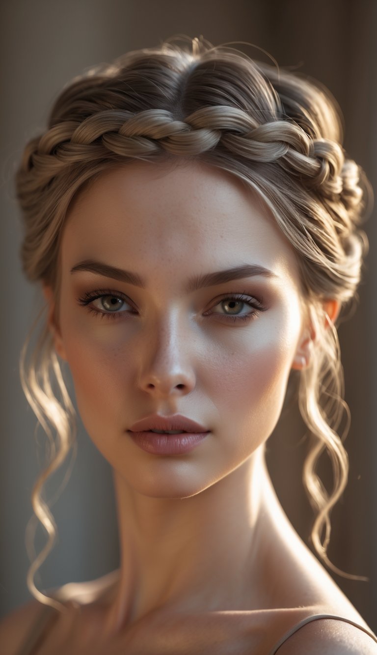 Portrait of a woman with a braided halo hairstyle looking directly at the camera.