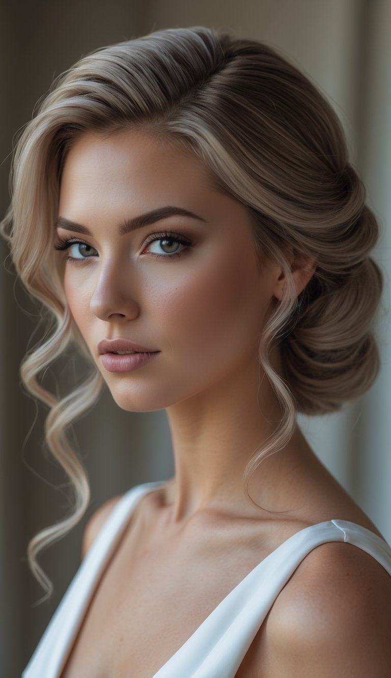 Portrait of a woman with side-swept loose waves hairstyle, looking directly at the camera with a neutral expression.