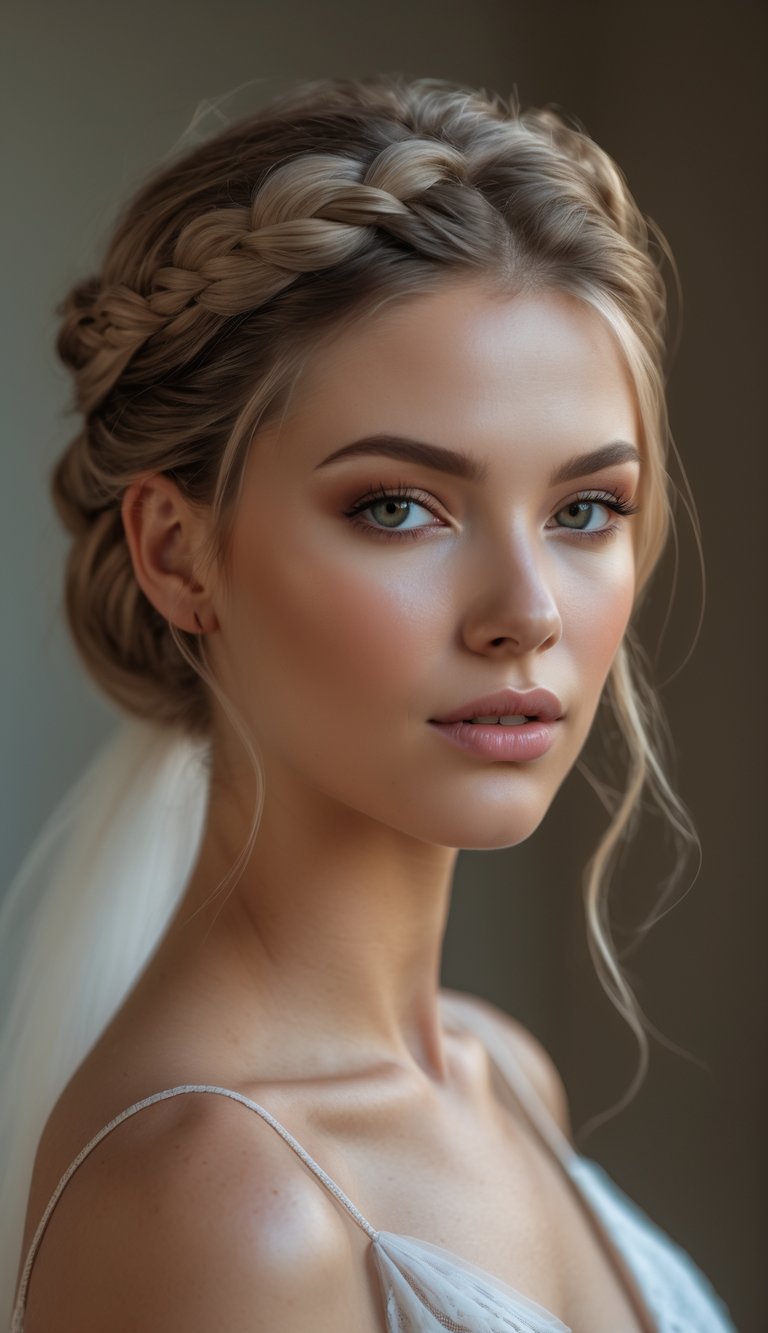 Portrait of a woman with a Dutch braid styled into a low bun, looking straight ahead with a neutral expression.