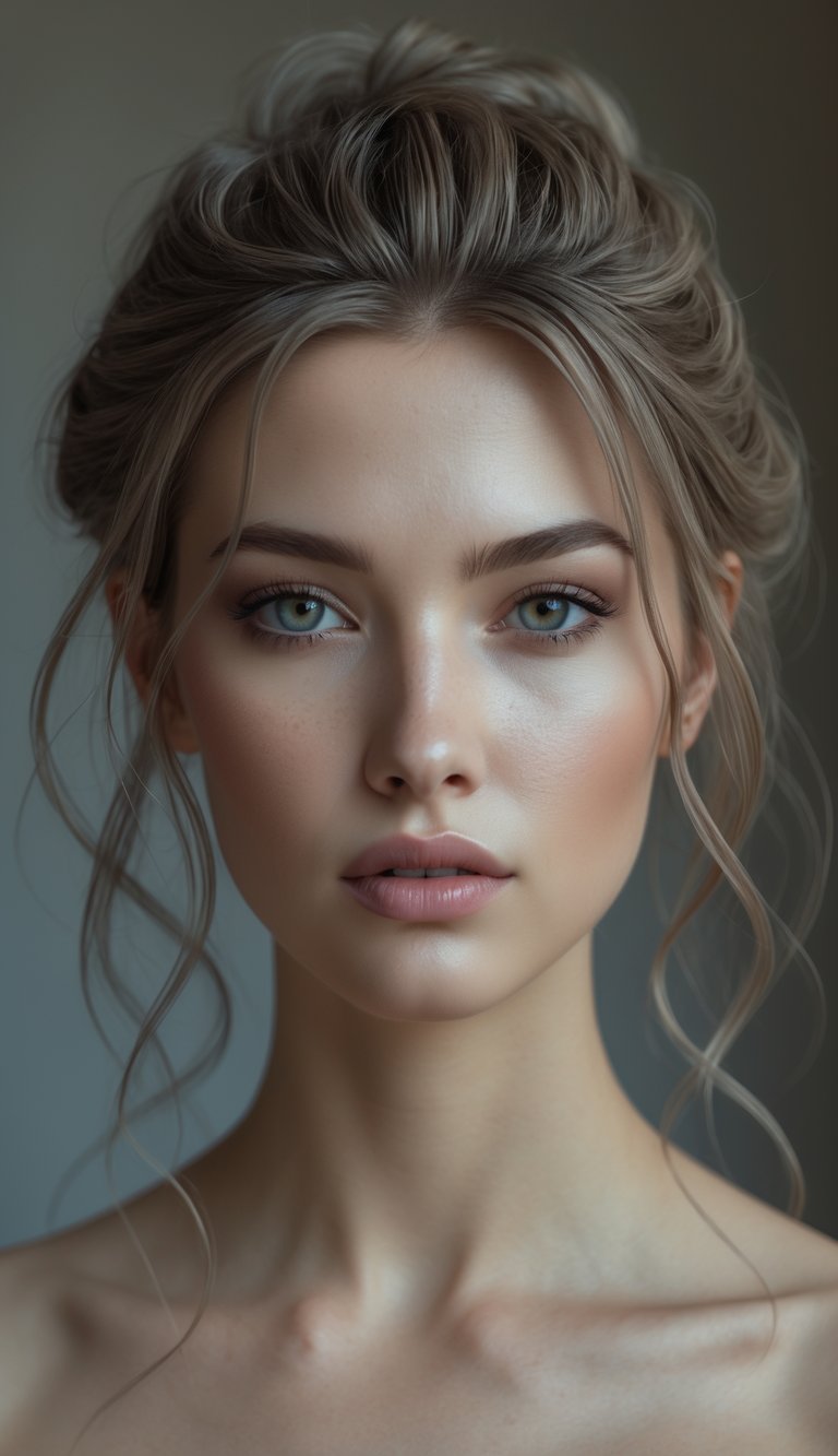 Portrait of a woman with a low ponytail and loose strands around her face, looking directly at the camera against a softly blurred background.