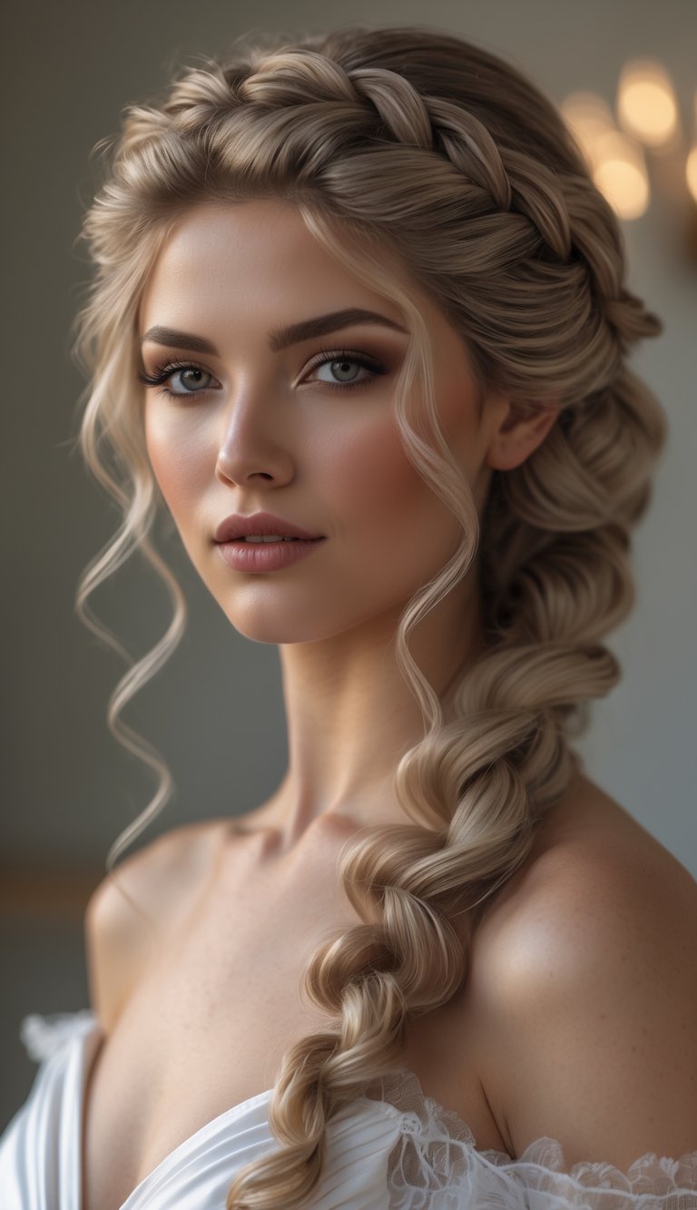 Portrait of a woman with a braided hairstyle and soft curls, looking directly at the camera with a neutral background.