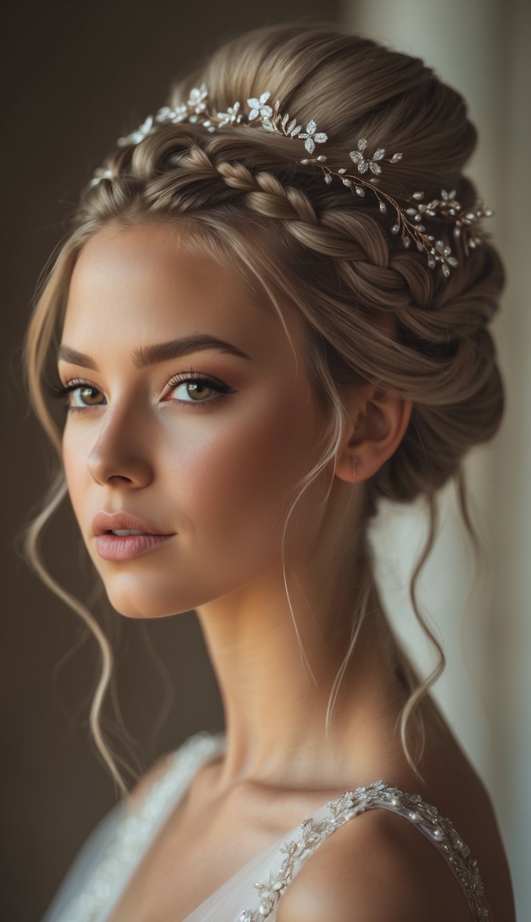 Portrait of a woman with a high braided bun hairstyle decorated with hair accessories, looking directly at the camera.