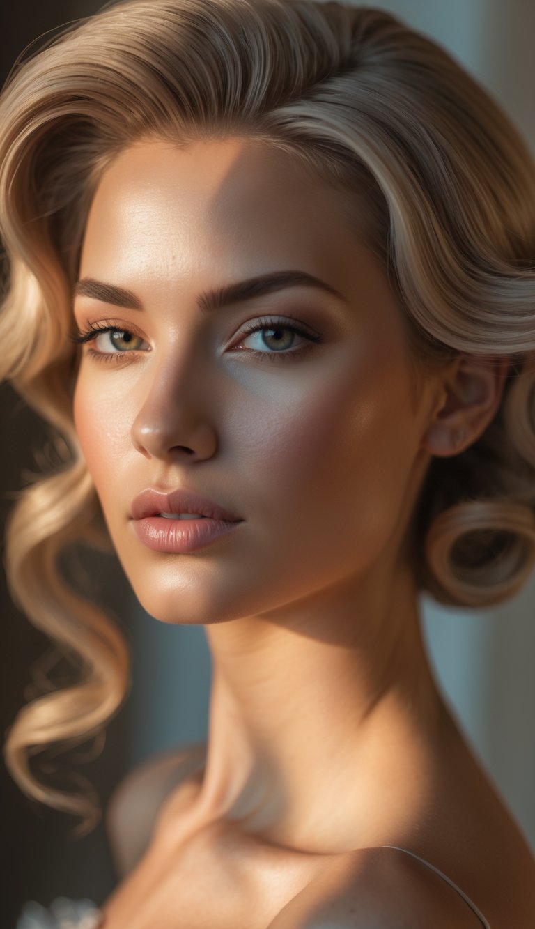 Portrait of a woman with wavy hair looking directly at the camera against a blurred background.