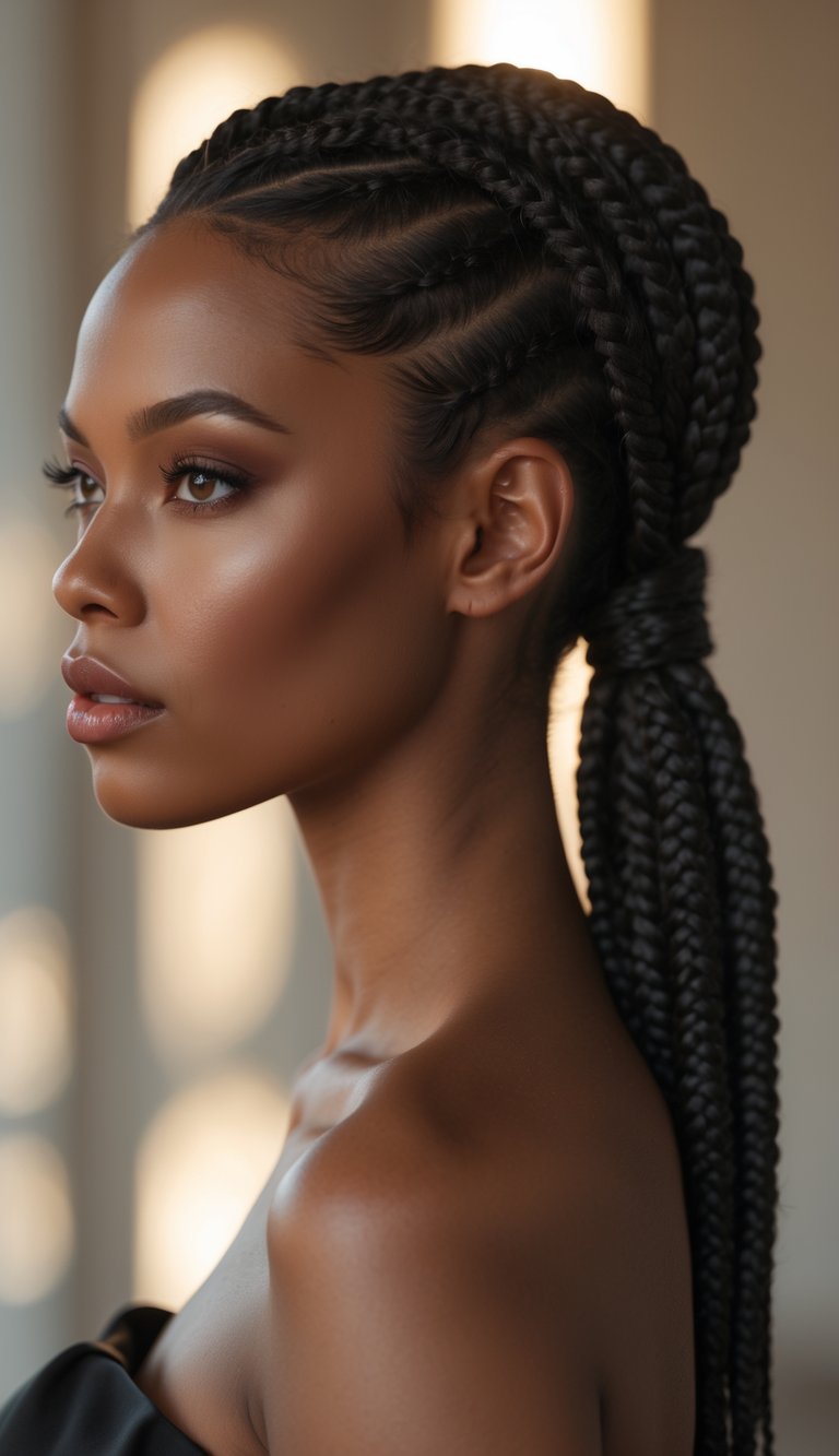 A close-up portrait of a woman with double Dutch braids gathered into a ponytail, looking straight ahead with a calm expression.