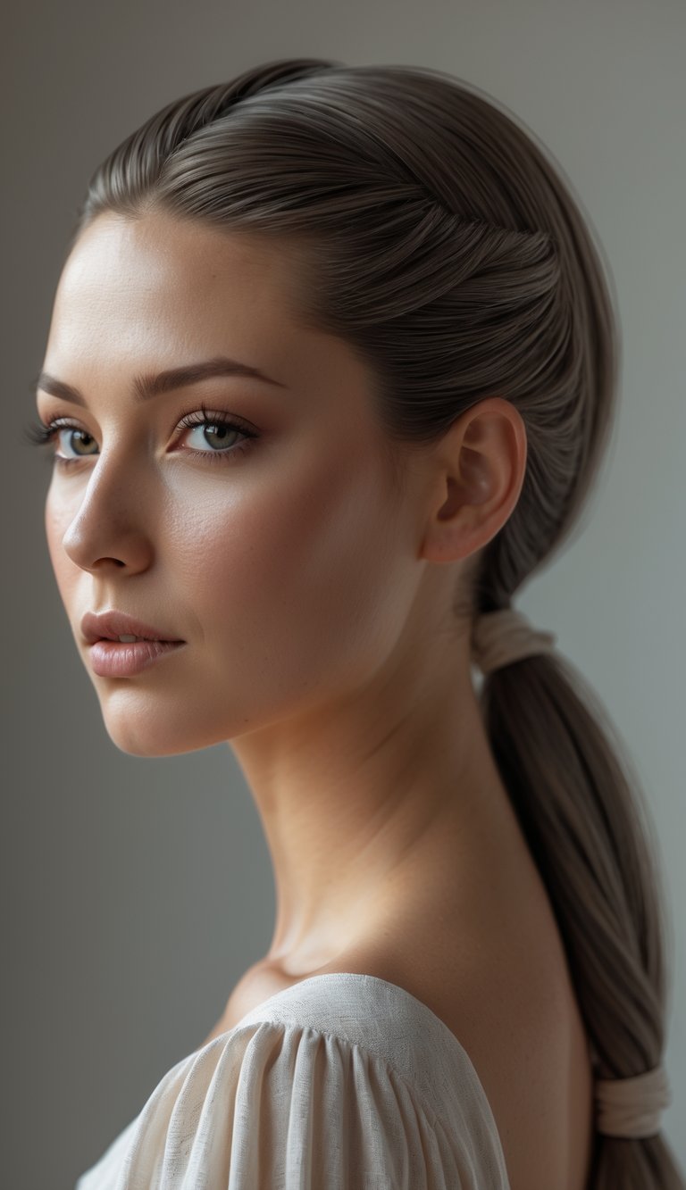 Portrait of a woman with a low ponytail and wrapped hair tie, looking directly at the camera against a neutral background.