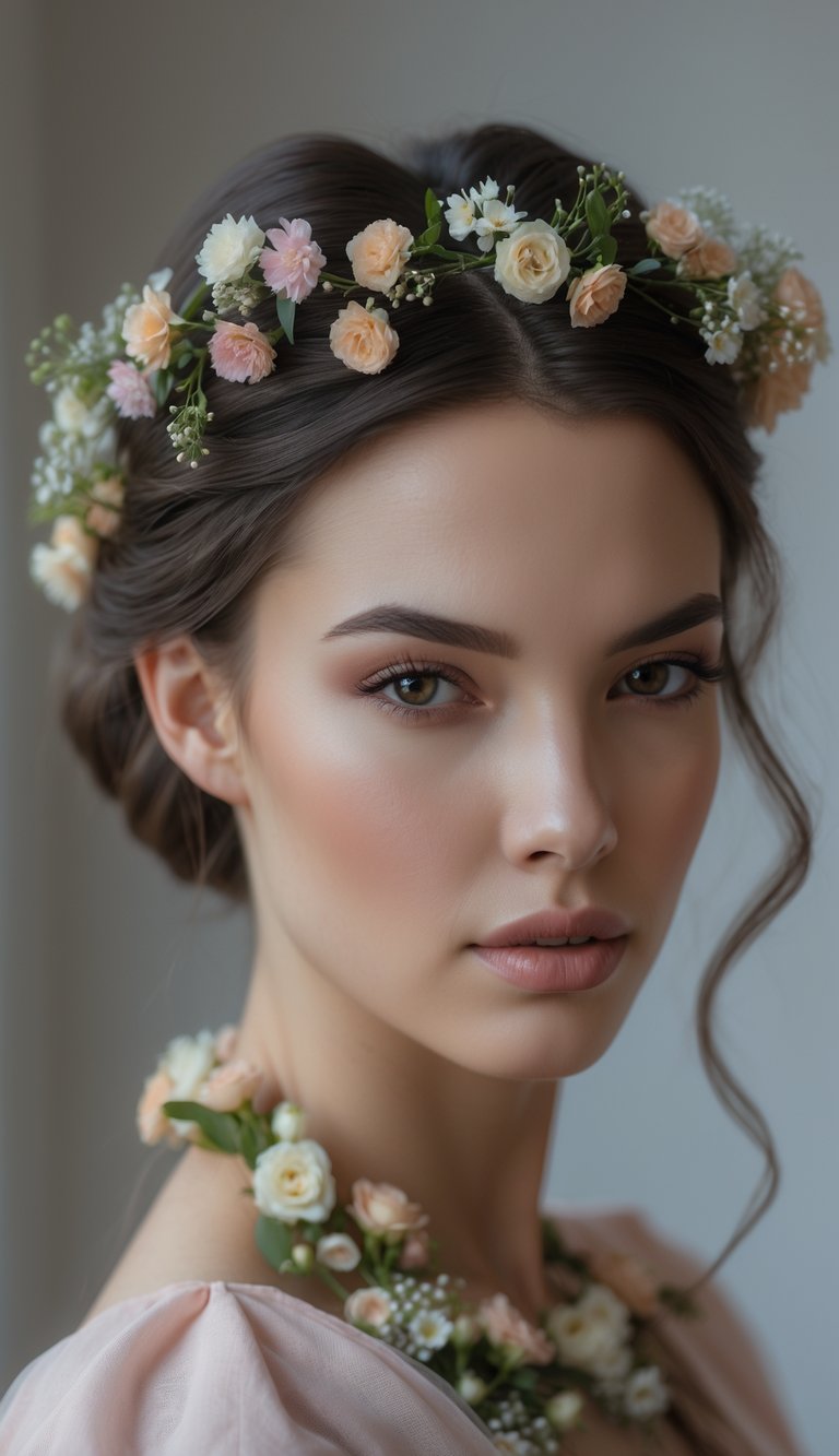 Portrait of a woman with a halo braid decorated with a floral garland, looking directly at the camera.