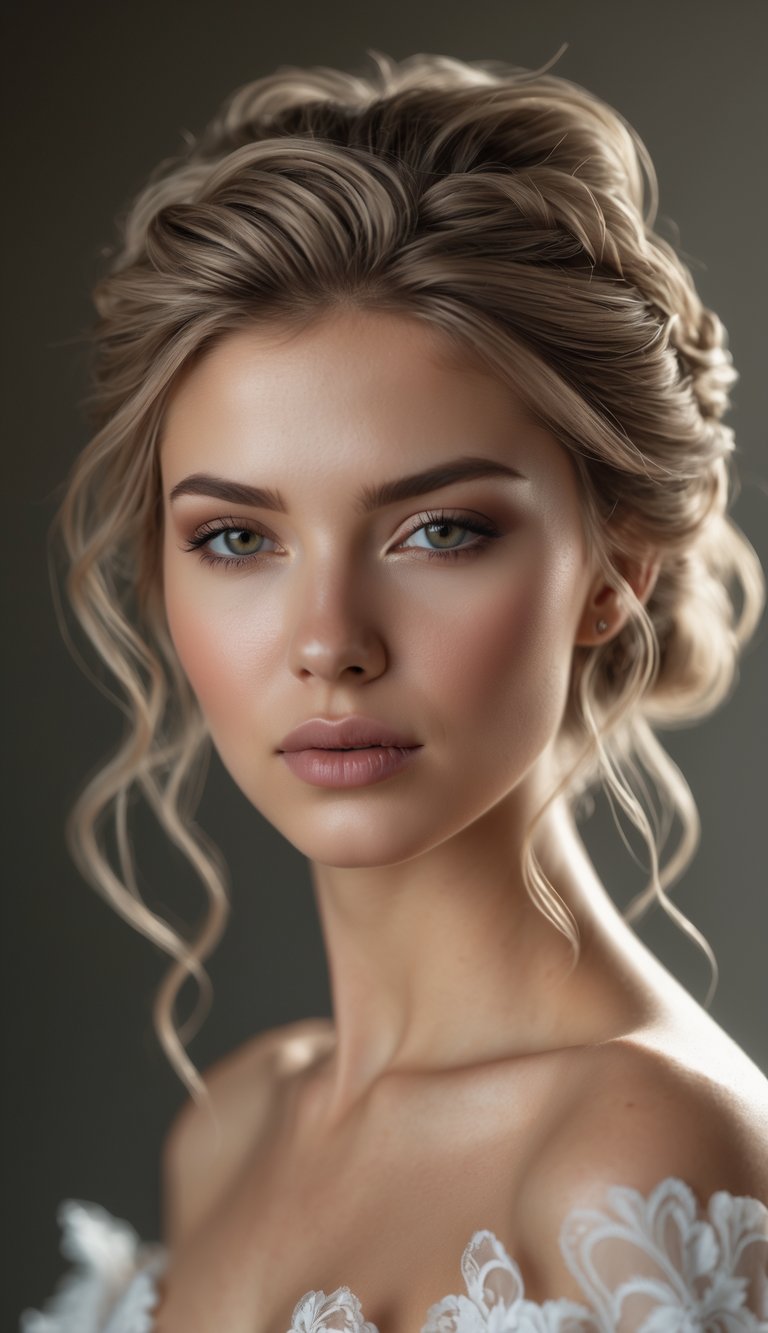 Portrait of a woman with a loose chignon hairstyle and twisted strands, looking directly at the camera with a neutral expression.