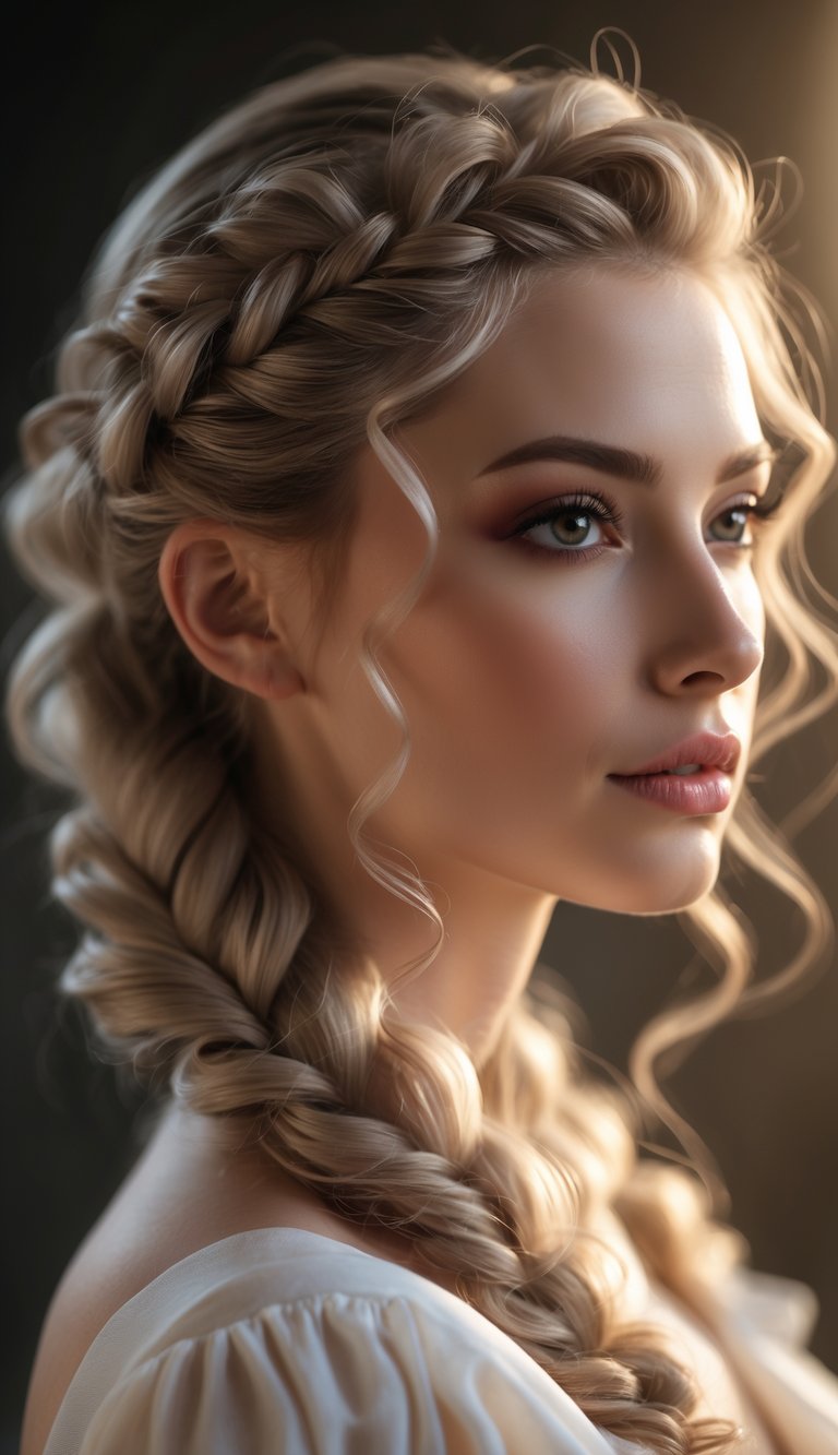 Portrait of a woman with a side braid and curls, looking directly at the camera against a softly blurred background.