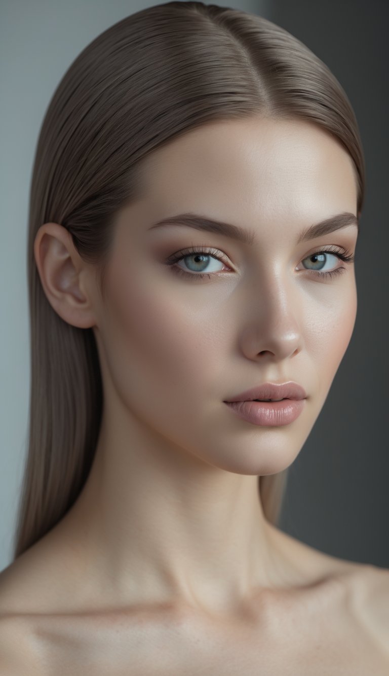 A close-up portrait of a woman with straight, center-parted hair, looking directly at the camera with a neutral expression.