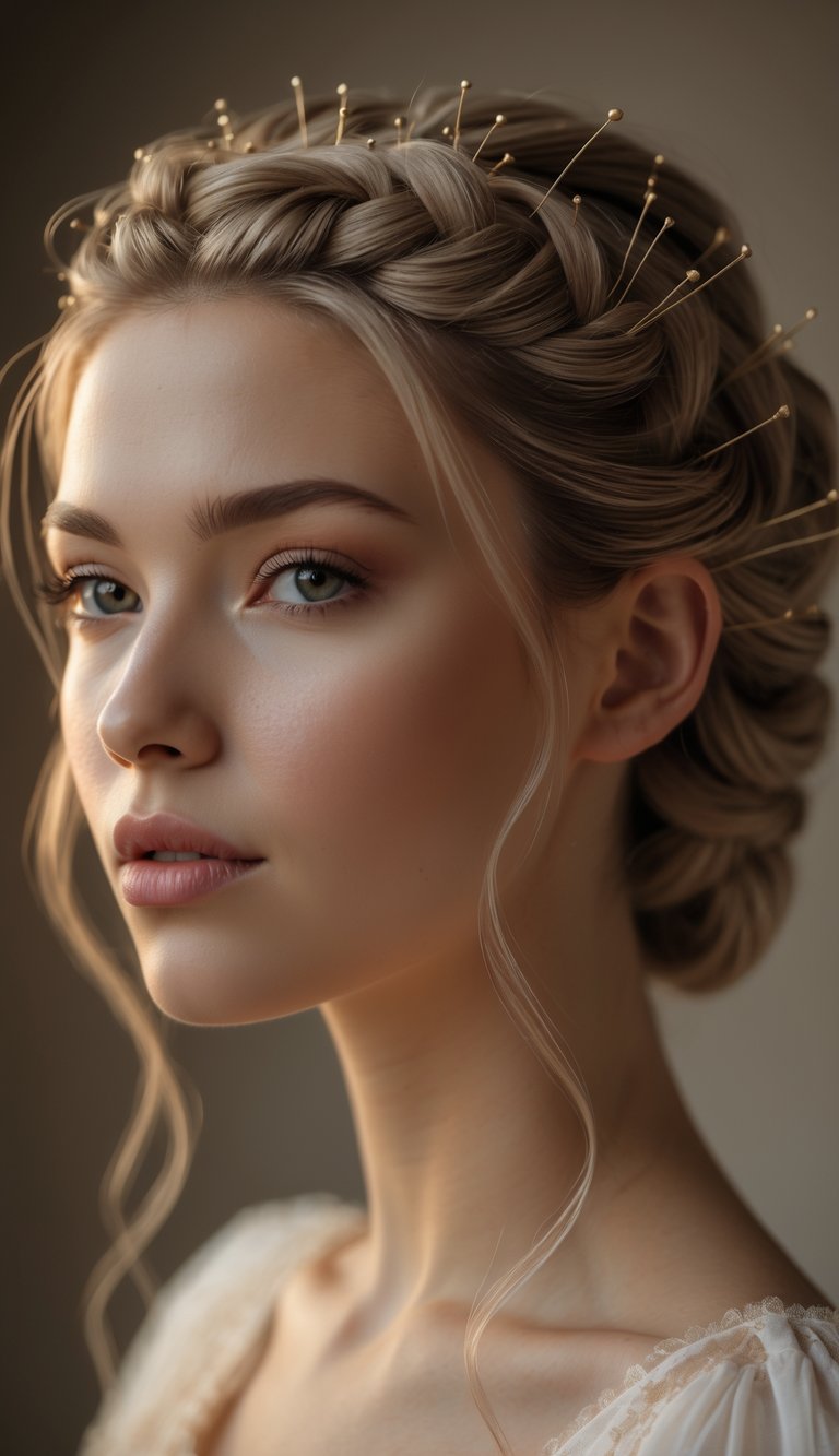 Portrait of a woman with a braided updo decorated with gold pins, looking directly at the camera.