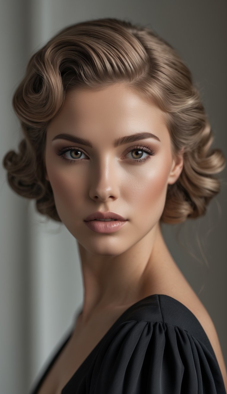 Portrait of a woman with vintage finger wave hairstyle looking straight ahead with a neutral expression.