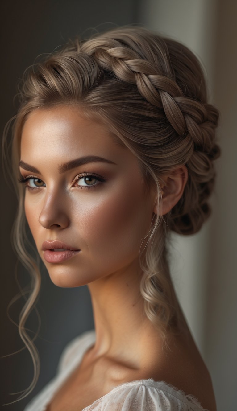 Portrait of a woman with a knotted low bun and side braid hairstyle, looking directly at the camera with a neutral expression.