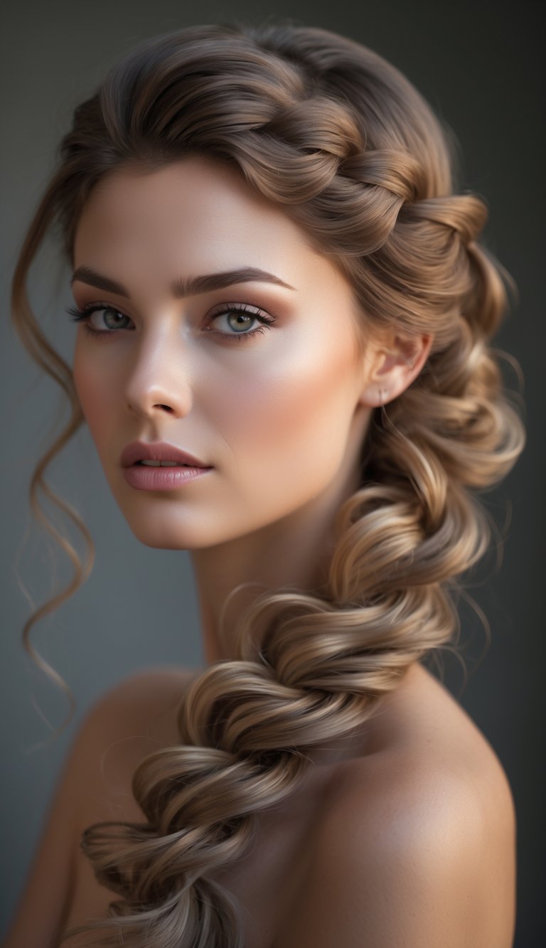 Portrait of a woman with a side French braid and loose curls, looking slightly to the side against a softly blurred background.