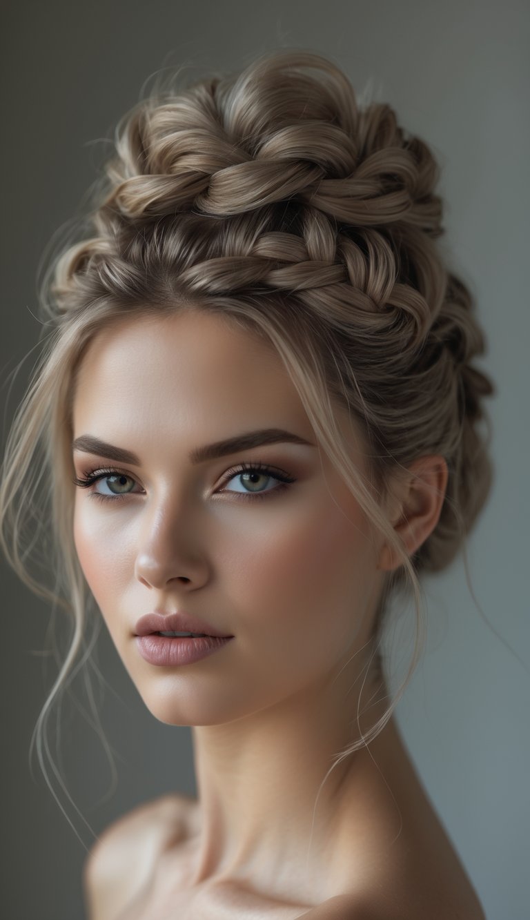 Portrait of a woman with a messy top knot hairstyle featuring braided details, looking directly at the camera.