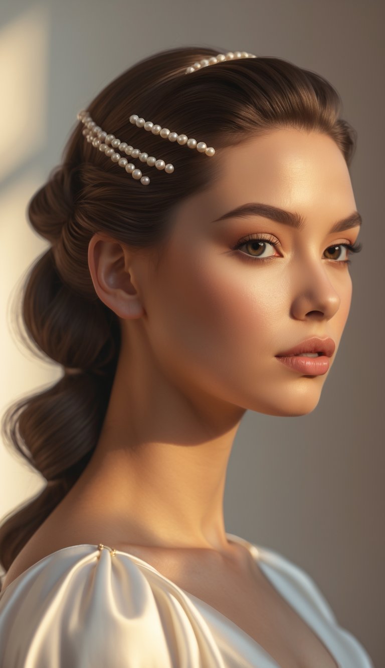 Portrait of a woman with a twisted side ponytail and pearl clips, looking directly at the camera against a plain background.