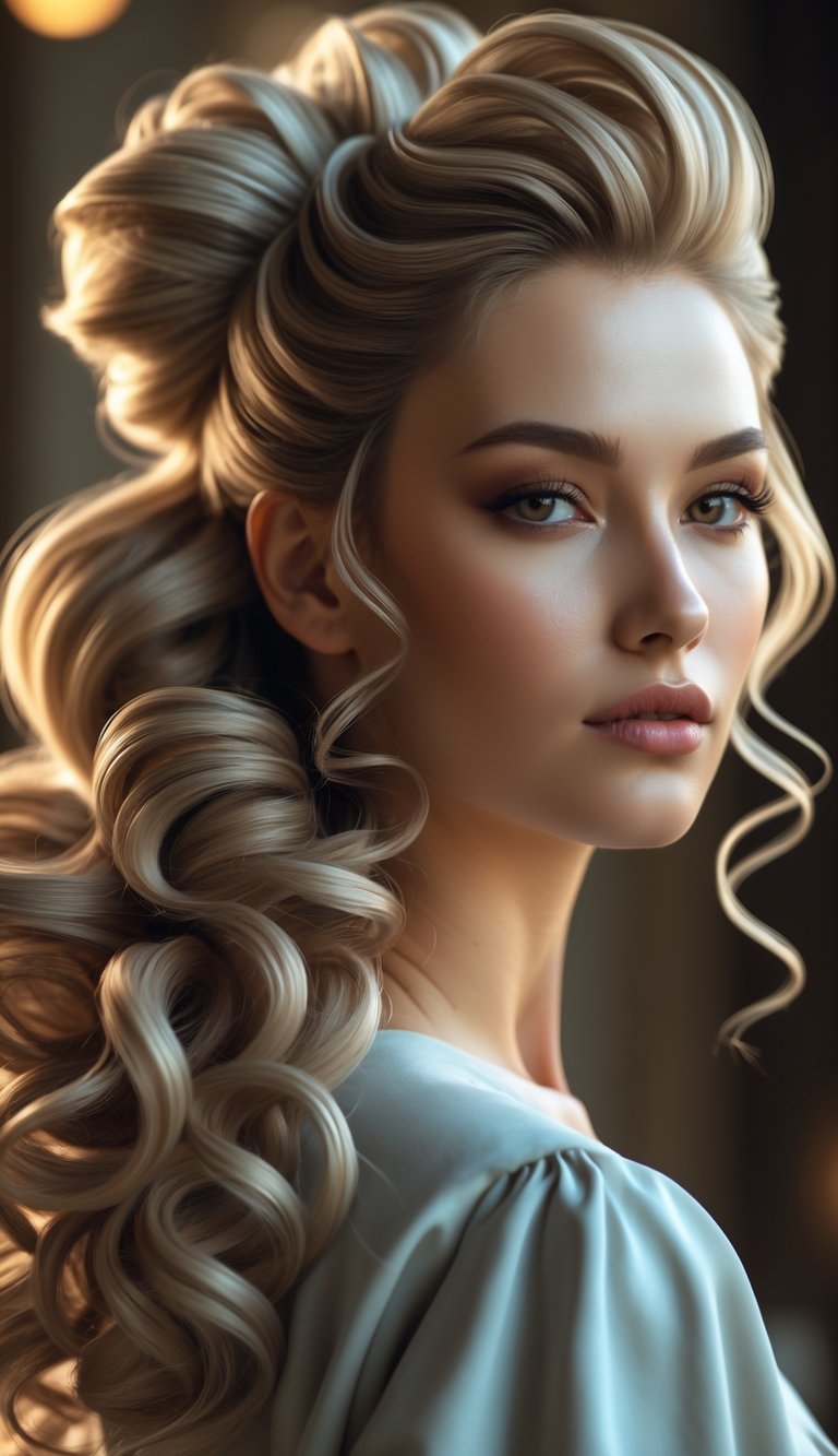 Portrait of a woman with a bubble ponytail and curly hair, looking straight ahead with a neutral expression.