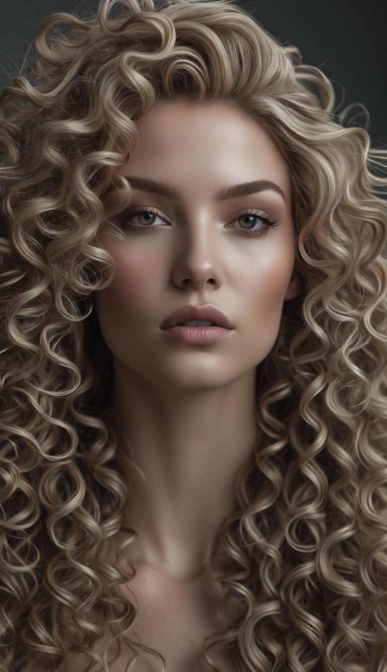 Portrait of a woman with long curly hair looking directly at the camera.