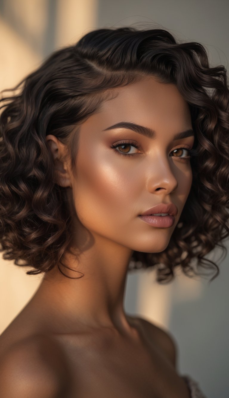 Portrait of a woman with curly bob hair parted to the side, looking directly at the camera against a softly blurred background.