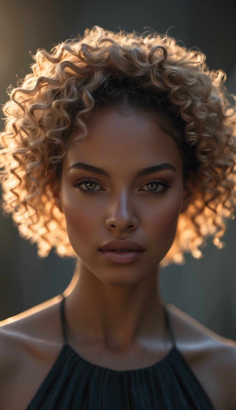 Portrait of a woman with tapered natural curls looking directly at the camera against a softly blurred background.
