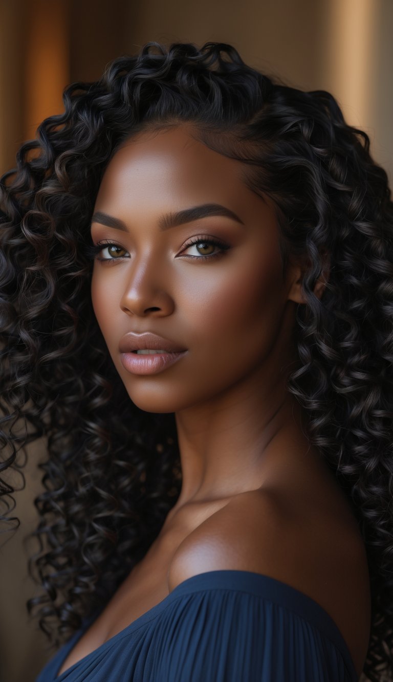 Portrait of a woman with defined curly hair looking calmly at the camera.