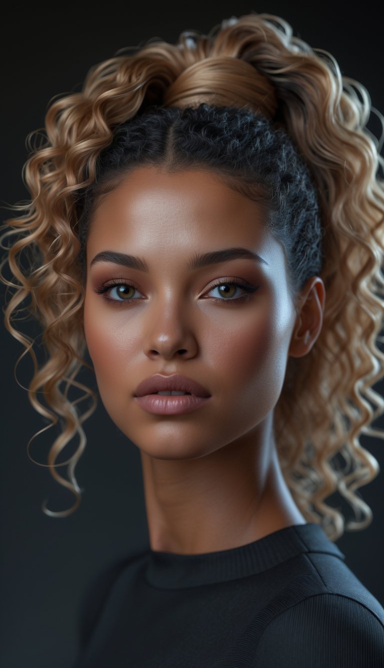 Portrait of a woman with curly hair styled in a high ponytail, looking directly at the camera with a neutral expression.