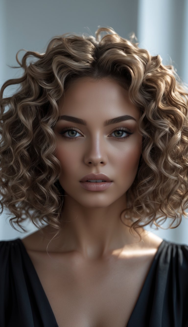 Portrait of a woman with shoulder-length curly hair looking directly at the camera against a softly blurred background.