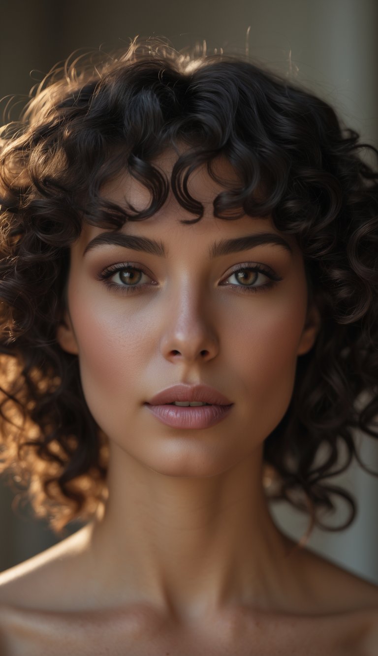 Portrait of a woman with medium-length curly hair and curly bangs, looking directly at the camera with a neutral expression.