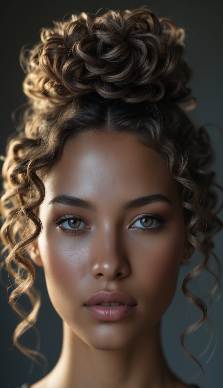 Portrait of a woman with curly hair styled in a half-up top knot, looking directly at the camera.